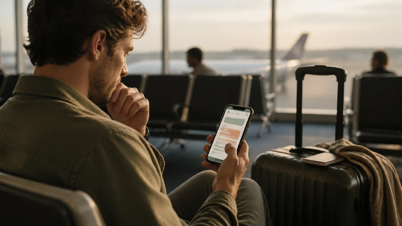 Traveler reviewing a mobile data plan on a smartphone