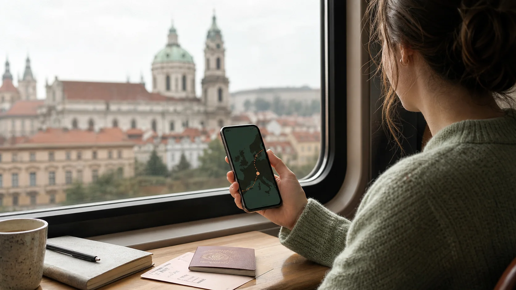 Smartphone showing a European travel route beside rail tickets