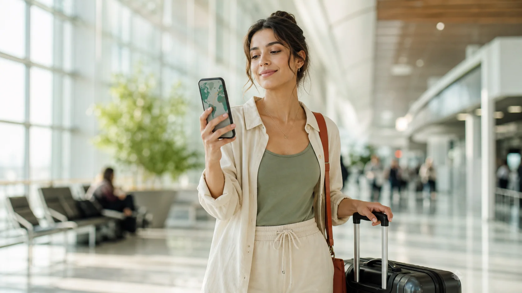 International traveler using a smartphone with a route map