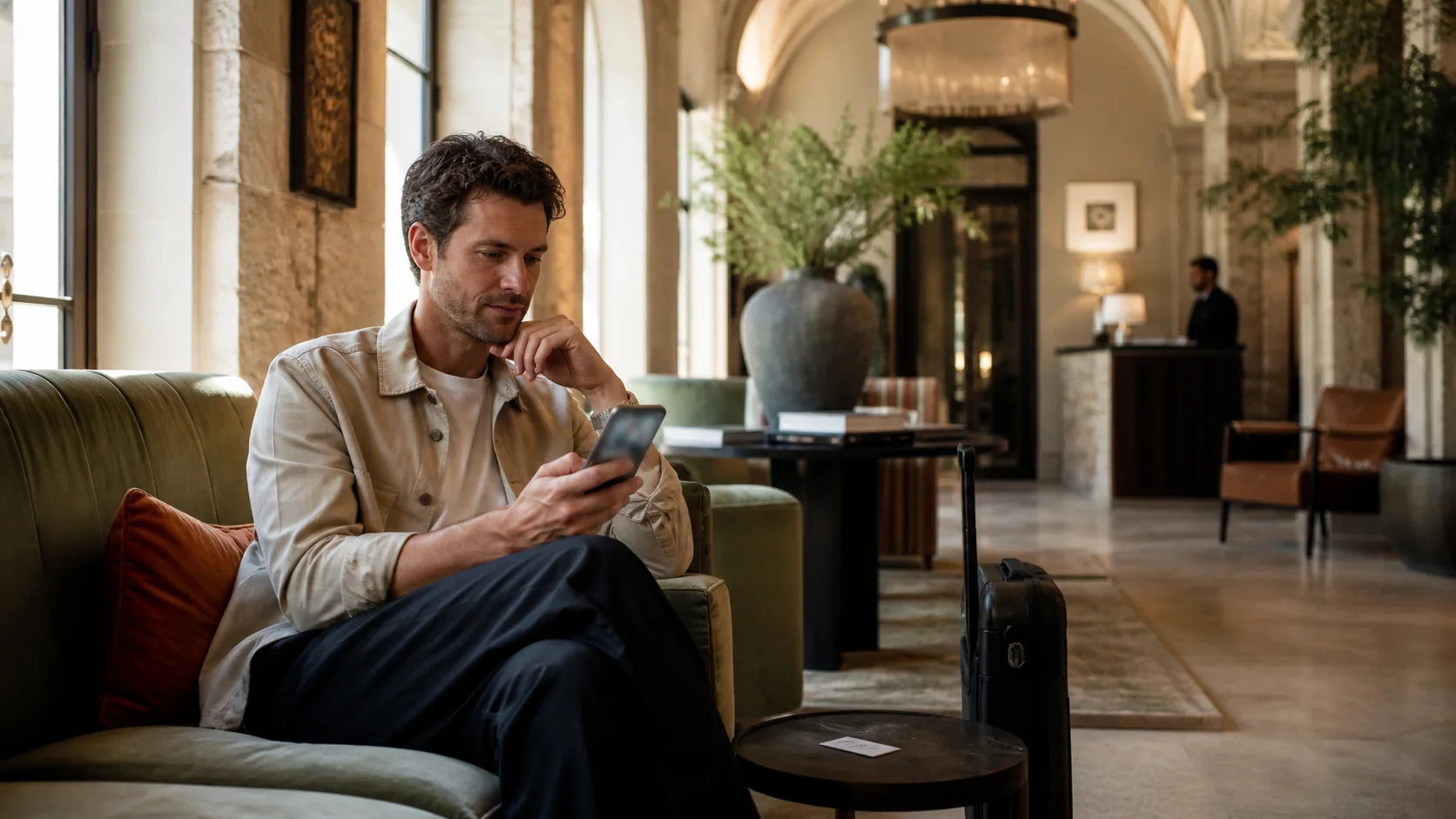 Traveler reviewing accommodation details before booking