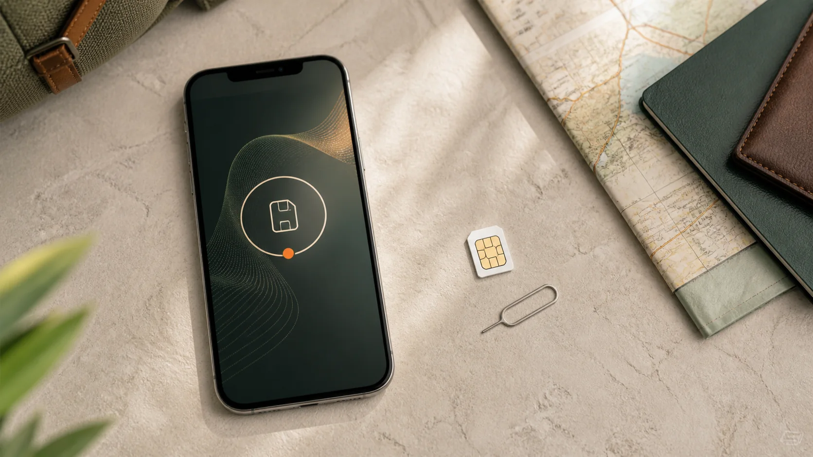 Digital eSIM setup screen next to a physical SIM card