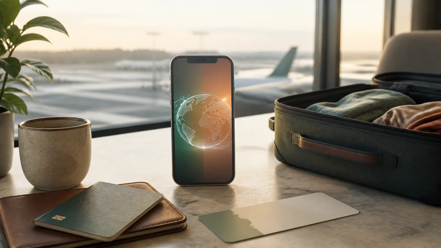 Traveler comparing mobile connectivity options on a phone