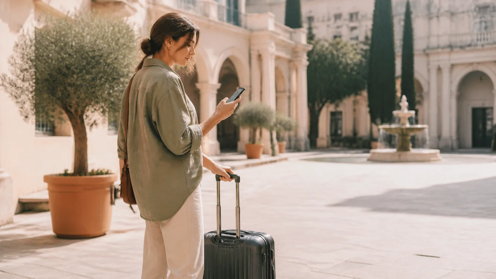 Traveler using a phone for connectivity in an airport terminal