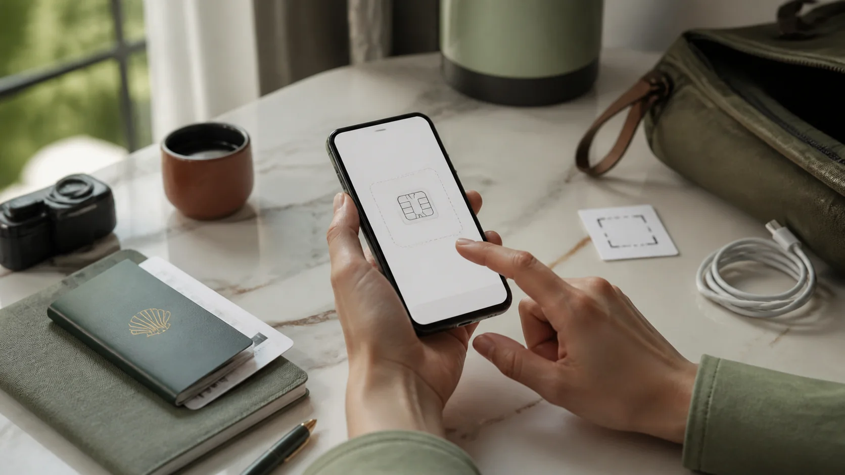 Phone displaying an eSIM activation screen beside a passport