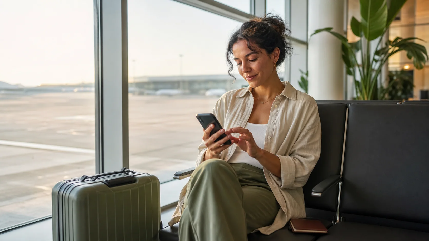 Traveler setting up mobile connectivity on a smartphone at an airport